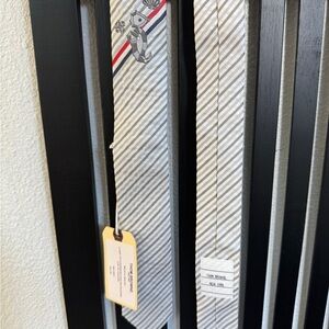 Thom Browne Light Gray and White Diagonal Stripe Silk Tie with Red Accent